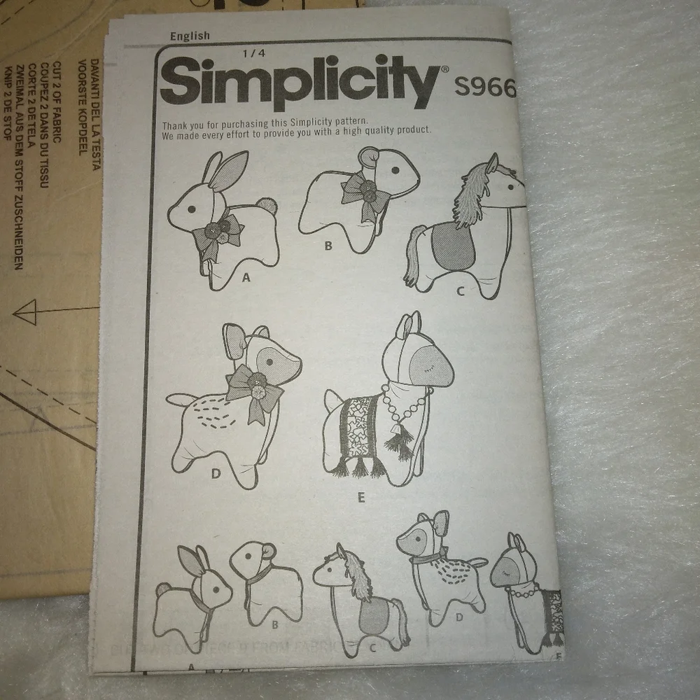 Simplicity 9666 Plush Animal Dolls Bunny Bear Pony Deer Alpaca